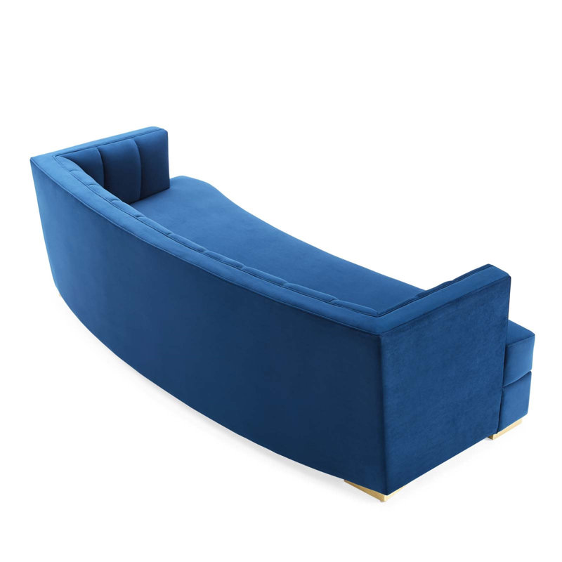 Navy Tufted Velvet Tuxedo Arm Sofa with Wood Legs