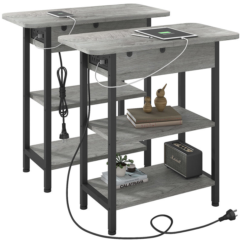 End Table Set of 2 with Storage and Charging Station, Light Gray