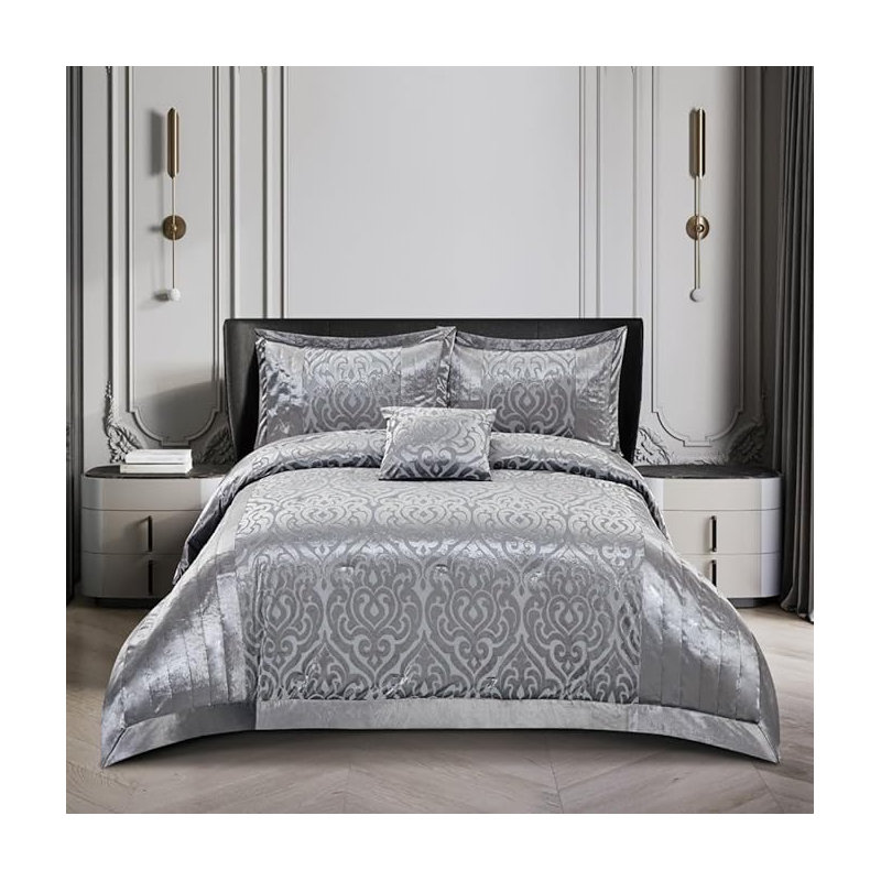 Bollara Velvet Damask Bedspread with Pillow Shams, Super King Bedspread + 2 Pillow Sham, Silver