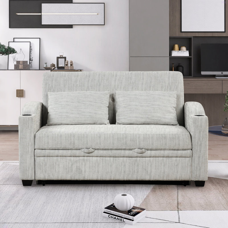 Canapé-lit convertible en chenille convertible avec dossier ajustable, 2 coussins, porte-gobelets, ports USB pour le salon, un appartement