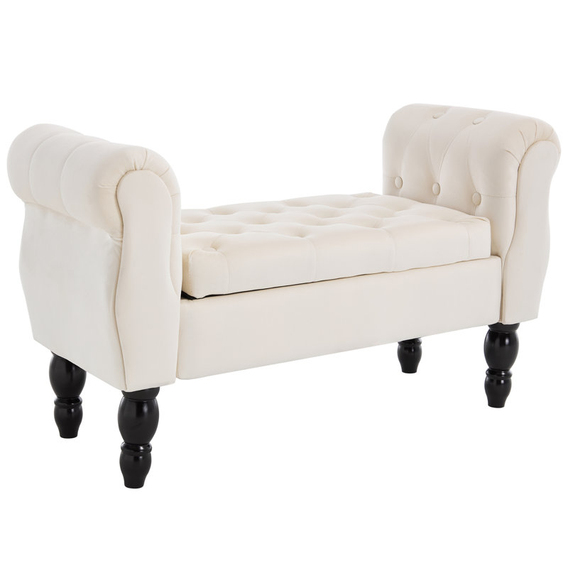 Upholstered Flip Top Storage Bench With Solid Wood Legs, Cream