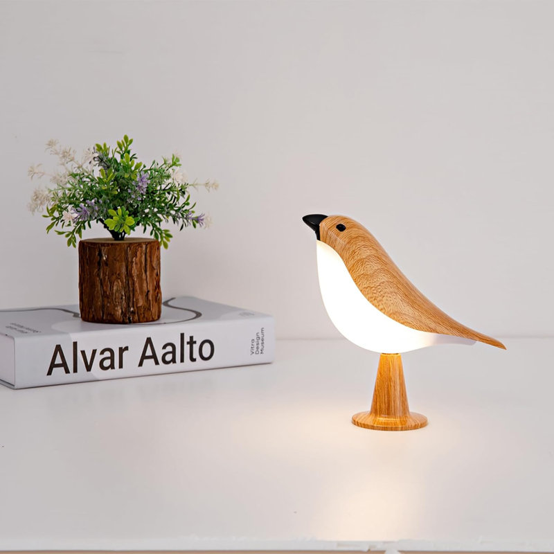Bird Table Lamp with Remote & Touch Control, Wood/Black