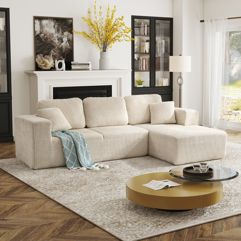 Modern Overstuffed Compression Boneless Corduroy L-Shaped Sectional Sofa With Chaise For Living Room - No Need Assembly