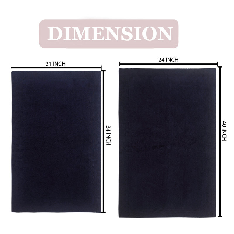 Luxury 100% Cotton Bath Rug (Set of 2) Reversible, Navy, 2PC Set (24"x40", 21"x34")