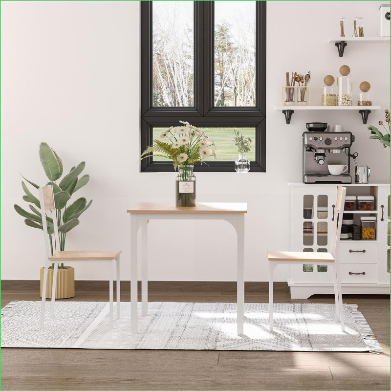 Tables de salle à manger | Mesa de Comedor | Ensemble de chalet 3 pièces pour petits espaces, structure en métal robuste, blanc cassé | Carré