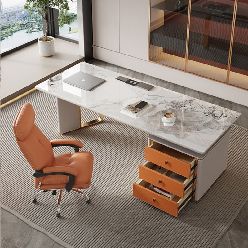 Bureaux rectangulaires en bois massif, H 29,53 po x l 55,12 po x P 27,56 po, Gris / Orange