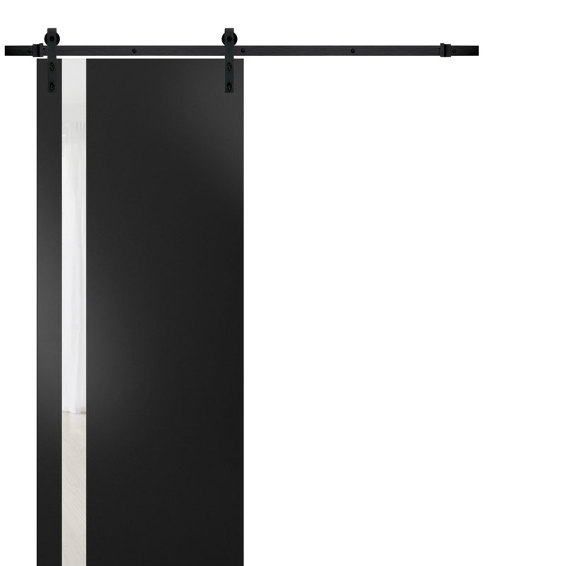 Planum Frosted Glass Panelled Wood Barn Door with Installation Hardware Kit, Black, Black, 42" x 84"