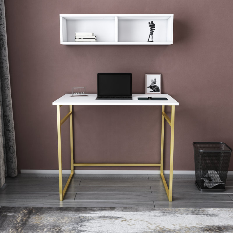 Hussum Metal Base Writing Desk, White/Gold