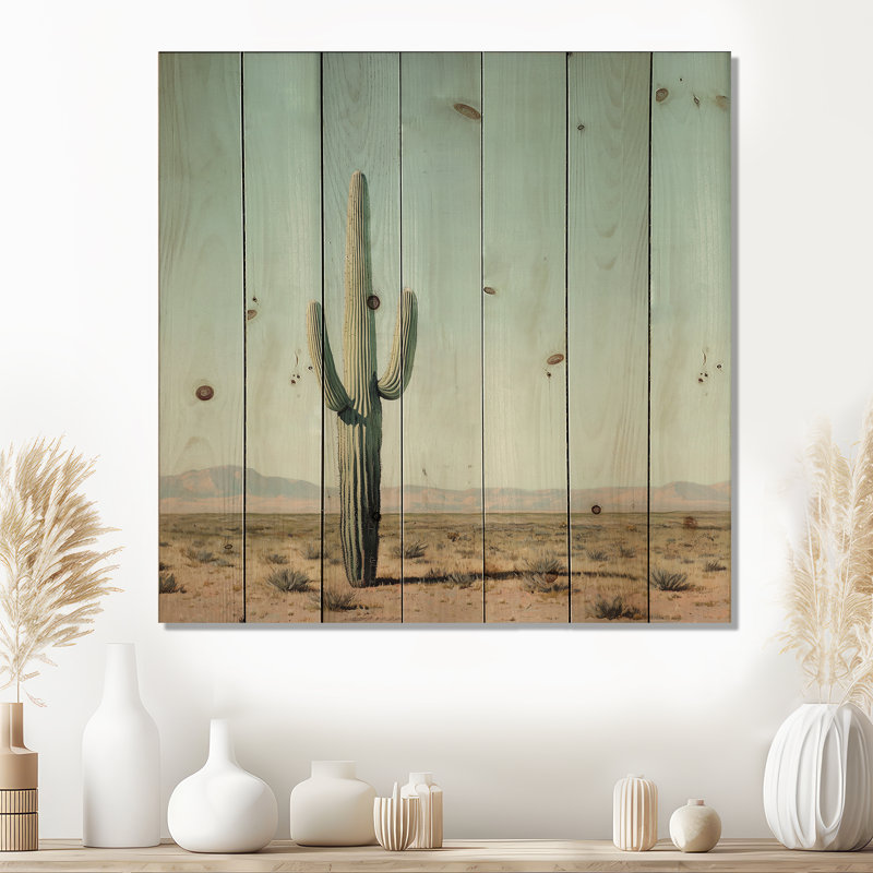 Cactus rétro et ciel du désert - Art mural en bois floral cactus - sur bois de pin naturel, H 36 po x l 36 po x P 0,78 po