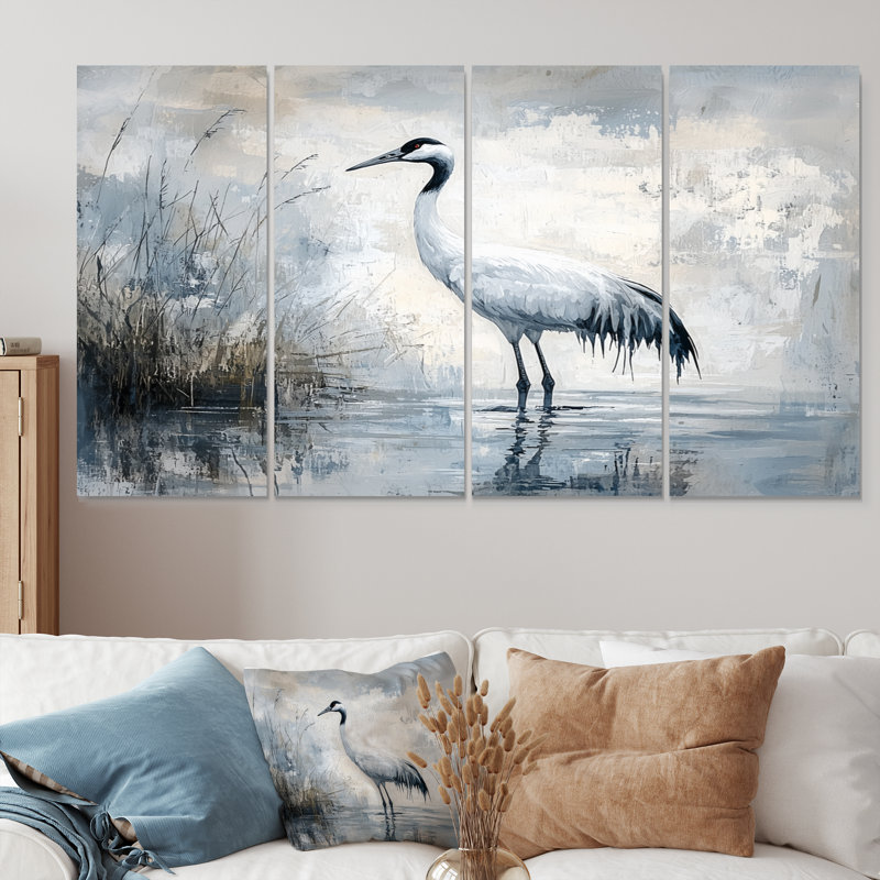 Grue dans un étang brumeux I - Art mural animal héron - ensemble de décoration murale moderne, H 28 po x l 48 po
