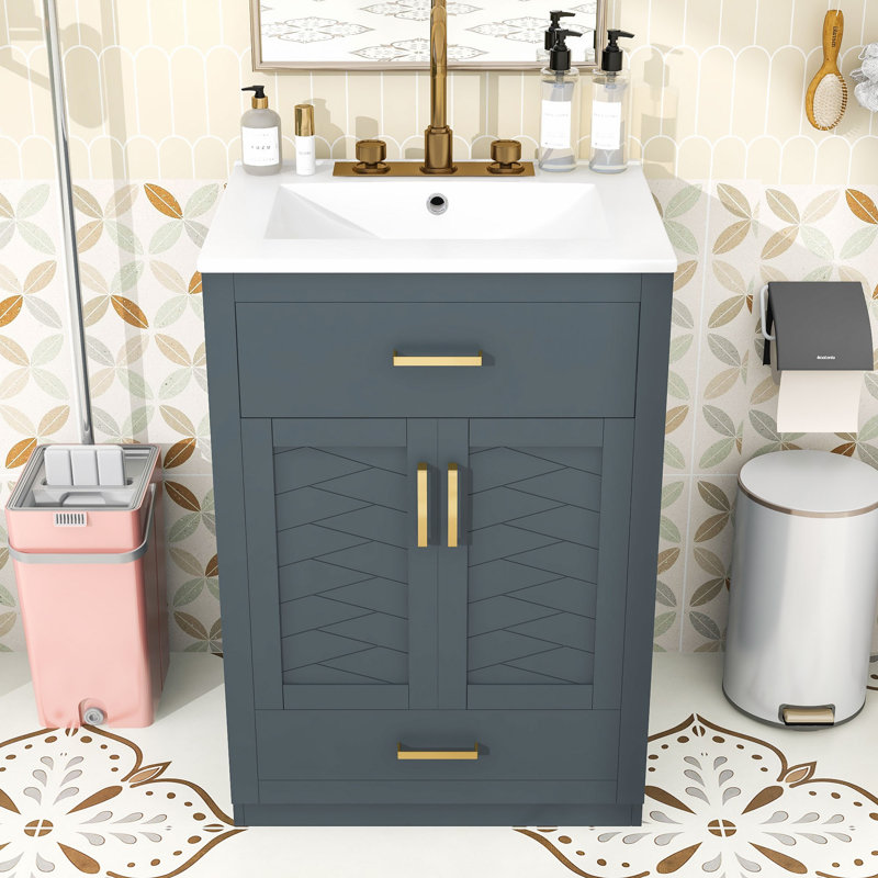 Élégant meuble-lavabo peu encombrant avec lavabo en céramique intégré et grand espace de rangement, Bleu