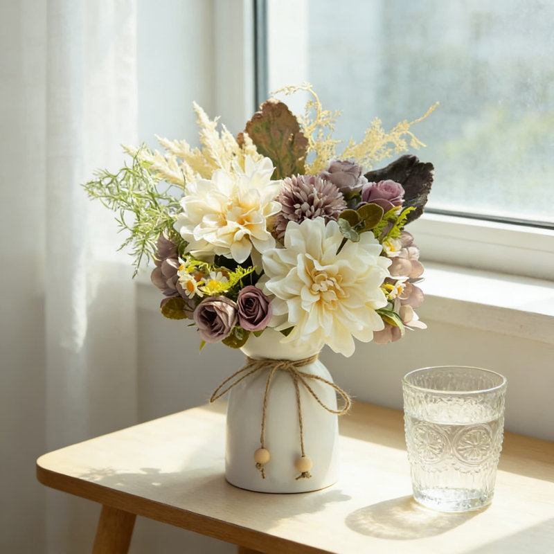 Arrangement floral en soie Dahlia et hortensia dans un vase en céramique