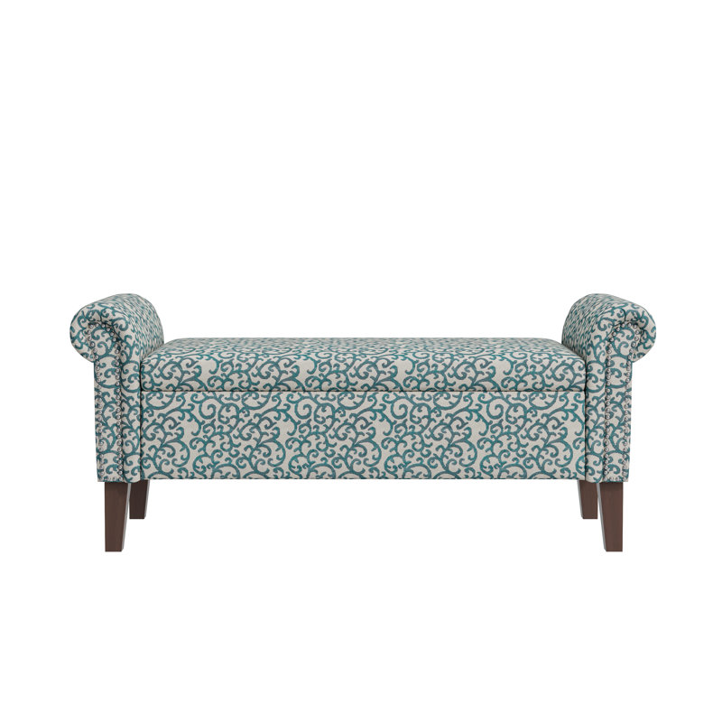 Olwyn Polyester Upholstered Storage Bench, Blue Curly Vine