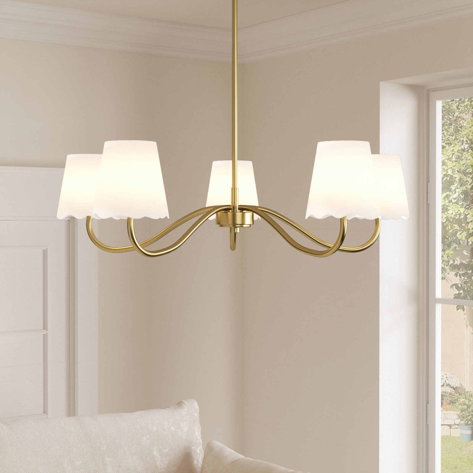 Wrought Iron 5-Light Chandelier, Polished Brass, White 
