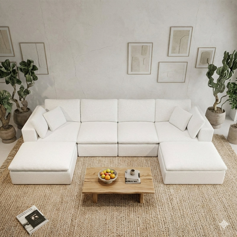 Canapé modulaire à compression en velours côtelé désossé de 6 pièces 137,8 po sans assemblage en U, Velours côtelé blanc