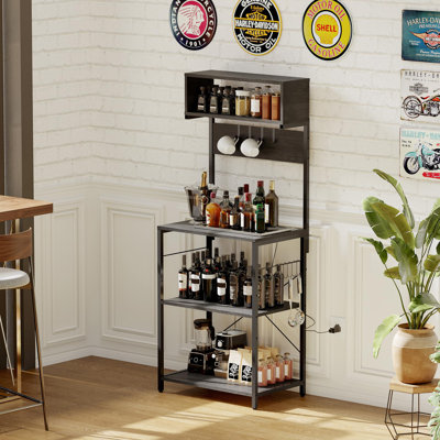 Kitchen Baker Rack, 4-Tier Kitchen Storage Shelf Rack with 10 Hooks, Industrial Microwave Stand with Power Outlet, Standing Coffee Bar Table for Spices, Pots and Pans, Black