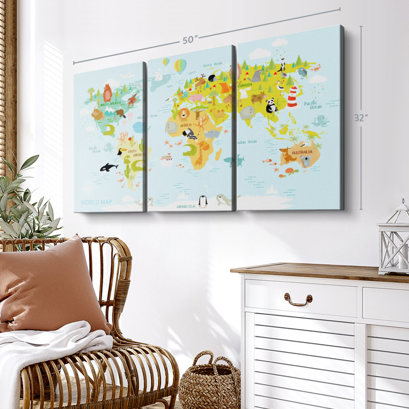 "Carte du monde des animaux" sur toile, H 32 po x l 50 po x P 1,25 po