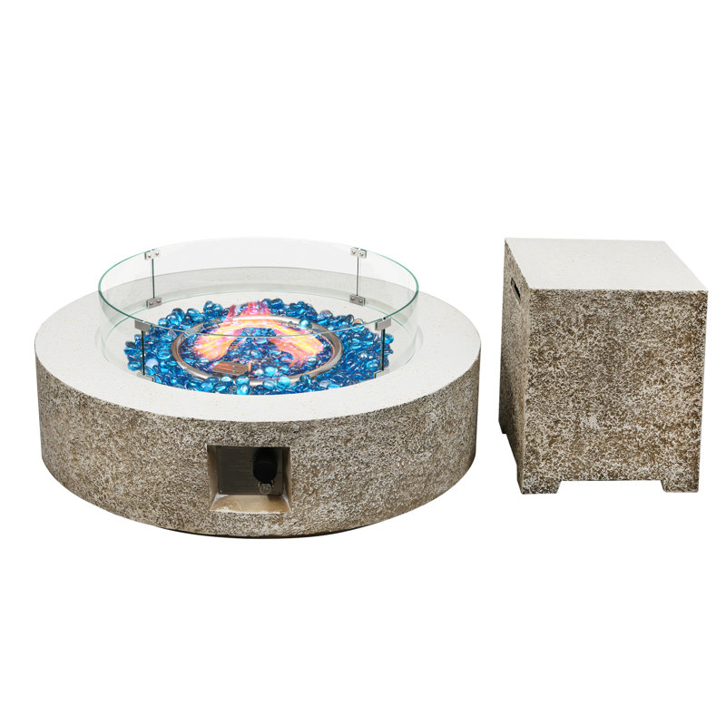 42 in. Round Magnesium Oxide Outdoor Fire Pit Table with Tank Cover, Wind Guard and Rain Cover, Beige