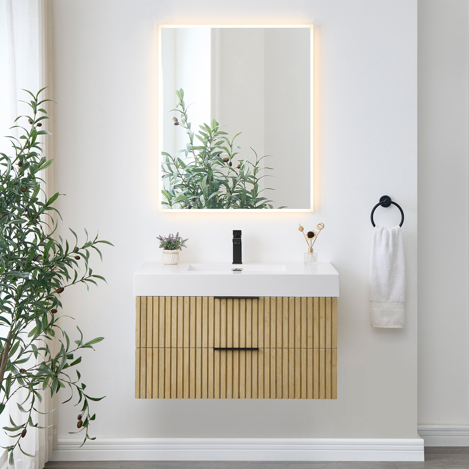 Livia 36" Wall-mounted Single Bathroom Vanity with White Artificial Drop-in Sink with Mirror