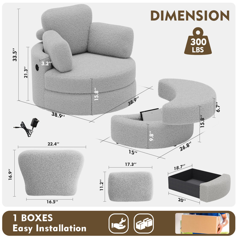  Swivel Accent Chair With Half Moon Ottoman, Round Chairs With Drawer Storage For Living Room, 360° Barrel Chair With Usb Charging Port (teddy Fabric, Grey)