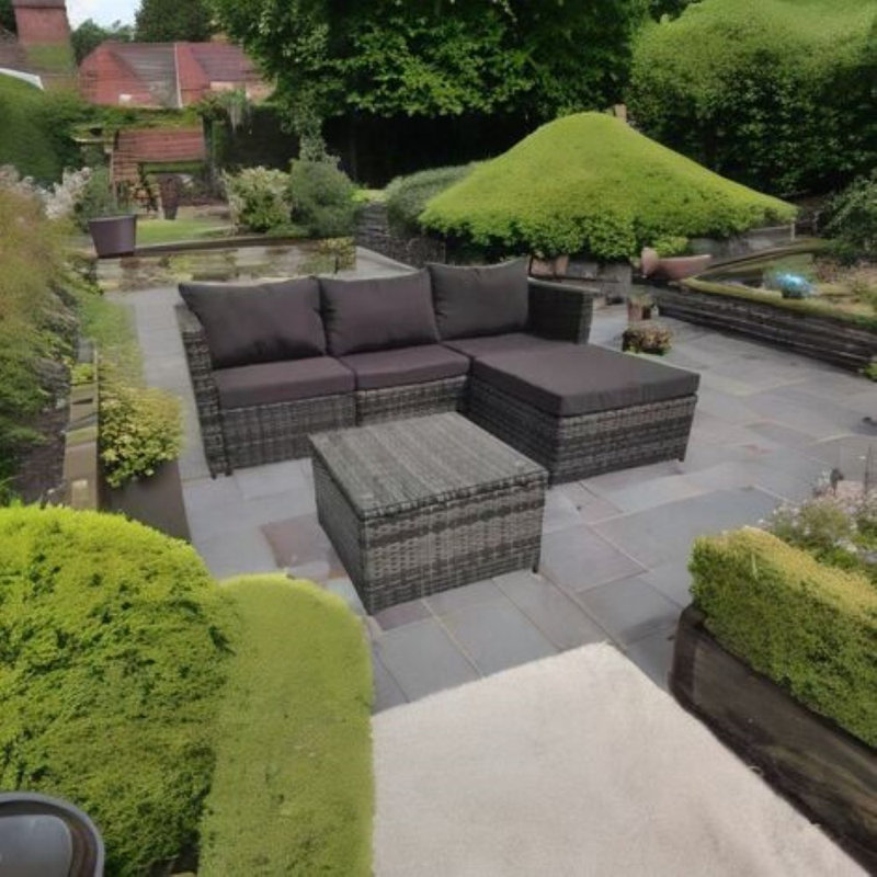 Hampus 3 Seater Grey Rattan Garden Outdoor Conversation Sets Set With Large Stool And Coffee Table
