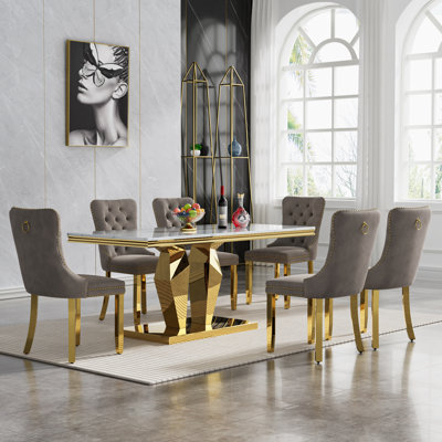 White Marble Dining Table, Luxurious 70" Marble Table Dining with 0.71" Thick Printed Marble Tabletop and Stainless Steel Pedestal, Modern Kitchen Din