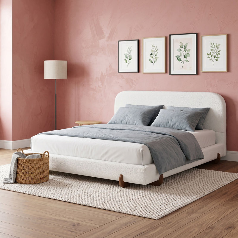 Lit plateforme recouvert de tissu avec pieds et tête de lit en bois d'hévéa, CaliforniaKing