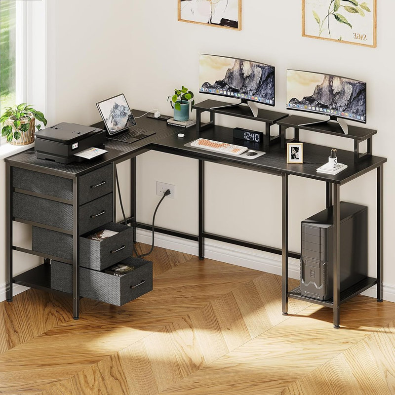 L Shaped Computer Desk With Power Outlets, Home Office Desk With 4 Adjustable Storage Drawers & 2 Monitor Stands, Two Person Gaming Table For Bedroom, Black