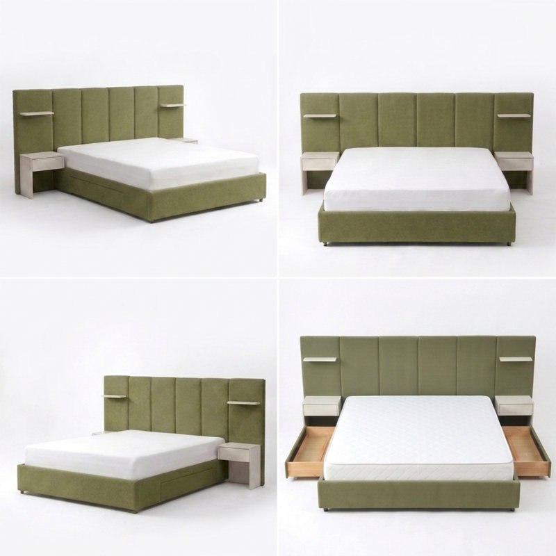 Tall Headboard Upholstered Platform Bed with Nightstands, Drawers & Floating Shelves, King, Green Velvet, King, Green