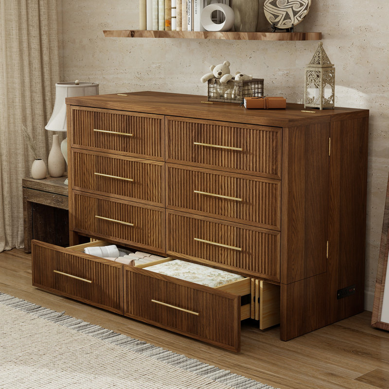Grand lit escamotable 100% bois massif avec tiroirs de rangement et station de charge USB, style Mid-Century moderne, peu encombrant