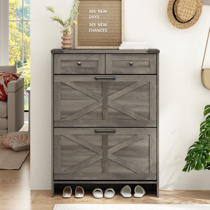 Farmhouse 16 Pair Shoe Cabinet with 2 Storage Drawers, Washed Gray