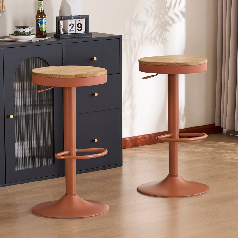 Jaina 15.2" W Solid Wood Swivel Adjustable Height Bar Stool, 2, Brown/Terracotta