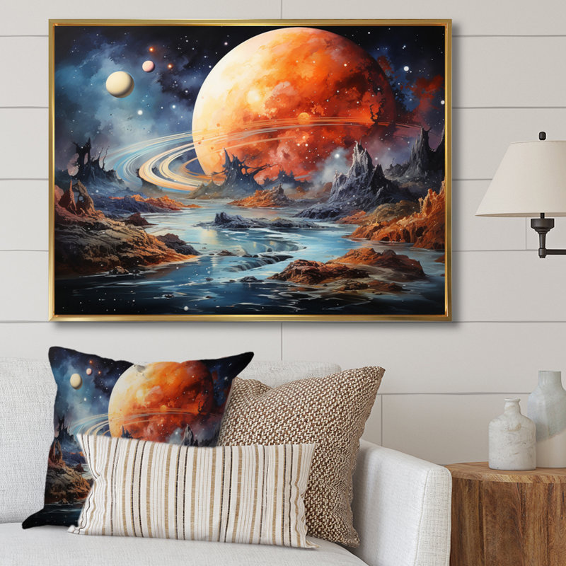 Orange, noir, astronomique, espace, rêves I, Cadre flottant doré, H 34 po x l 44 po x P 1,5 po