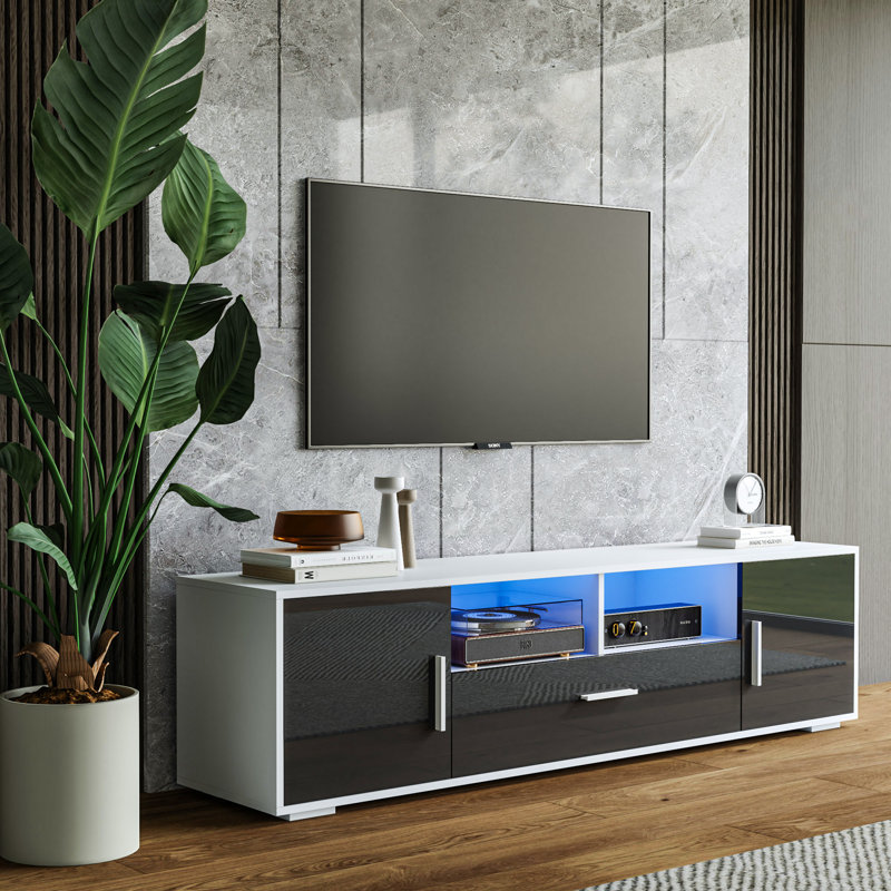 63" Modern High Gloss Led Octaviano With Sliding Door & Open Storage For Media Devices, Gray