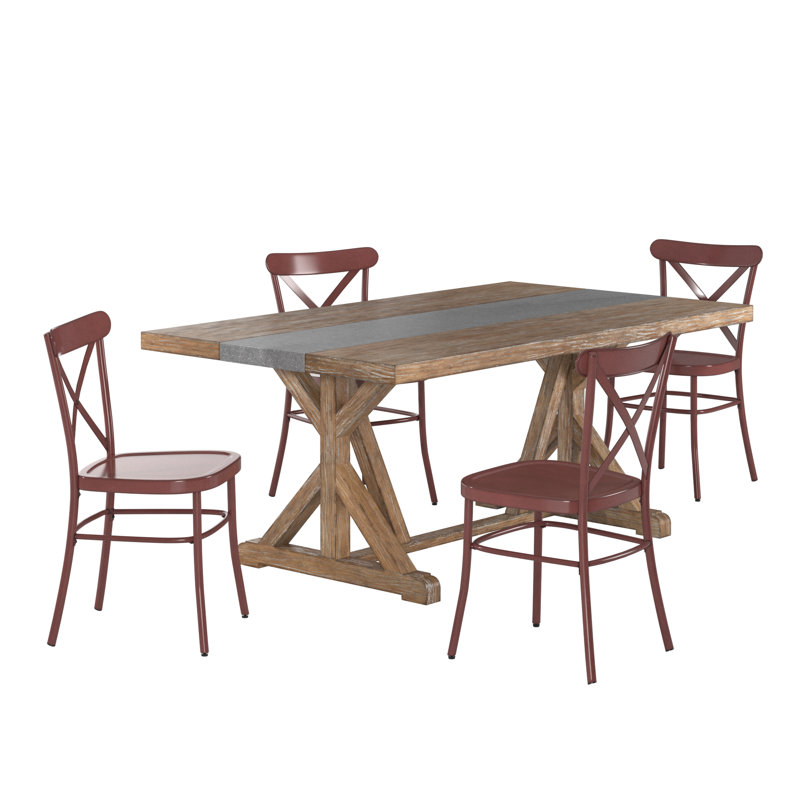 Cann Rustic Pine Frame Concrete Veneer Top Dining Table Set - Stripe Concrete Veneer Top Table And 4 Chairs, Red