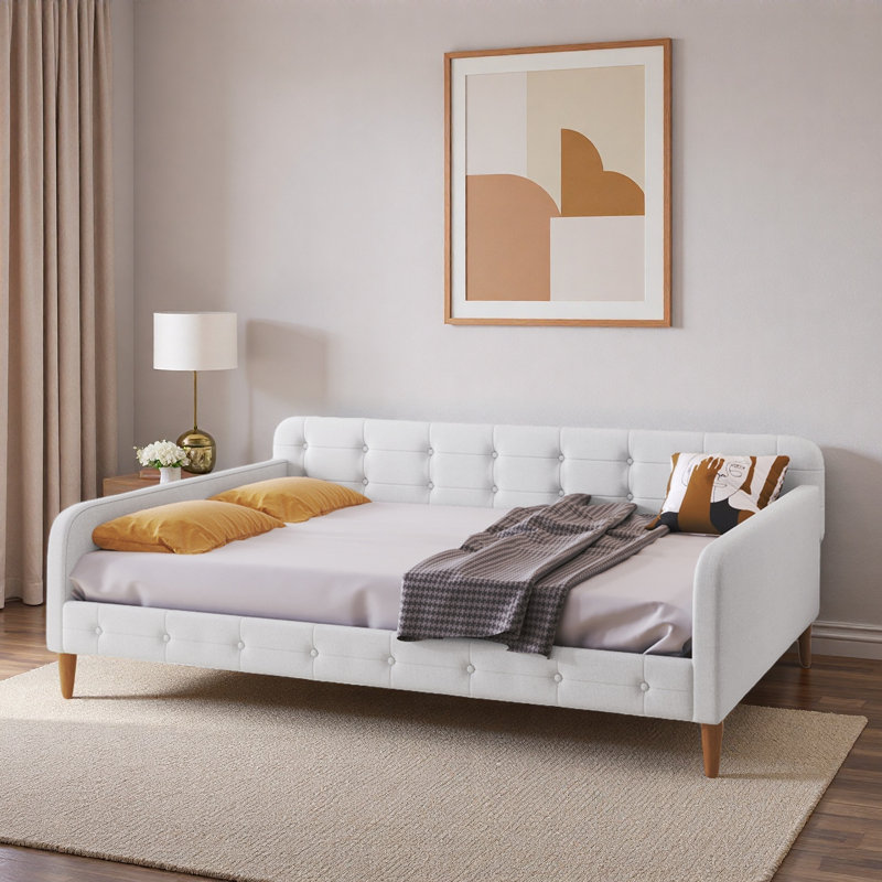 Lit de jour moderne rembourré avec 4 pieds de soutien et capitonnage à boutons, Beige, Lit double