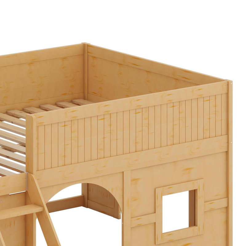 Lit mezzanine bas en bois avec tablettes de rangement et glissade, Naturel