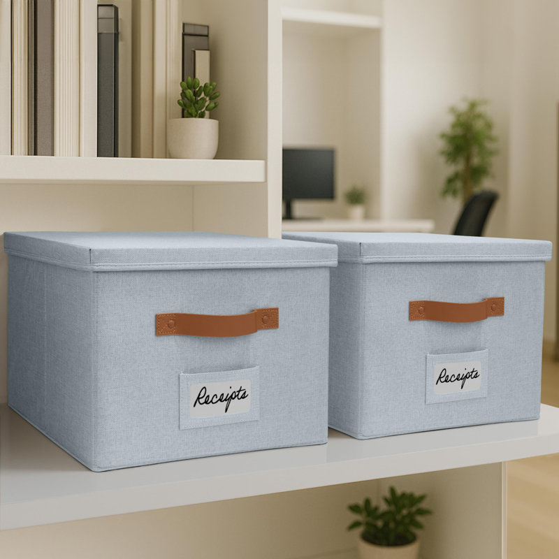 Decorative File Organizer Box Set Of 2 - Collapsible Linen Filing Cabinets W/Handles Are Perfect To Store All Your Documents & Hanging File Folders - Portable Easy Slide Crates With Lid