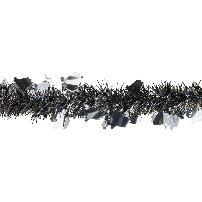 Black and Silver with Ghosts Halloween Tinsel Garland - 50 feet Unlit