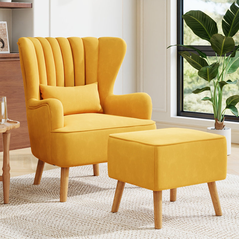 Kiro Upholstered Wingback Chair with Footstool, Yellow