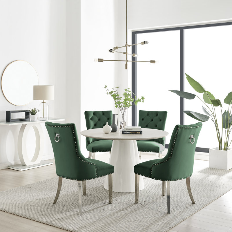Edward Statement Pedestal Dining Table Set with 4 Luxury Velvet Upholstered Dining Chairs, Beige Stone Effect, Green