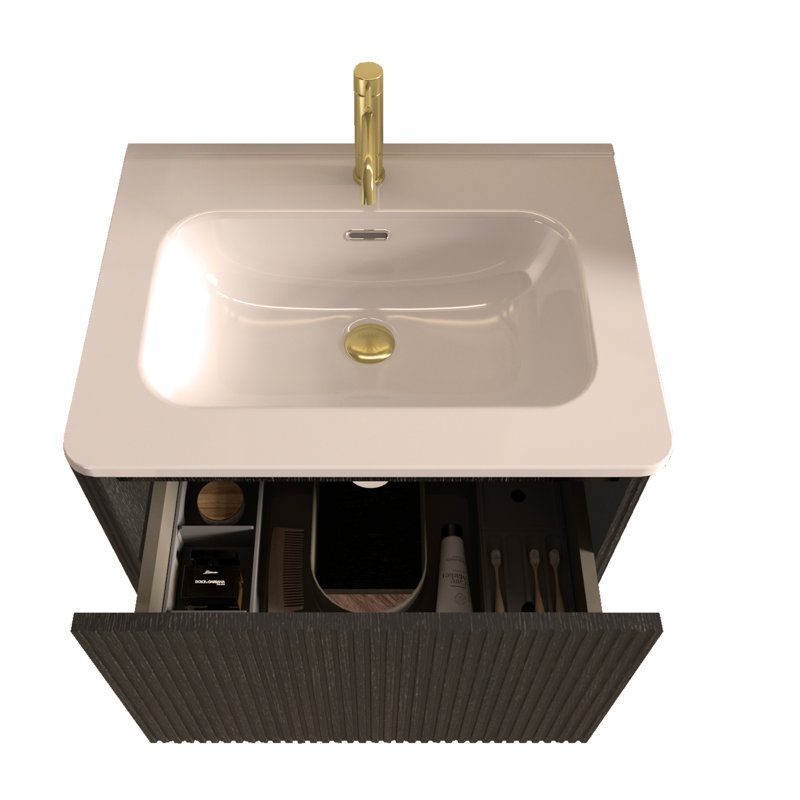 Meuble-lavabo flottant 24 po en chêne brossé rayé avec lavabo en céramique, meuble-lavabo pour salle de bain