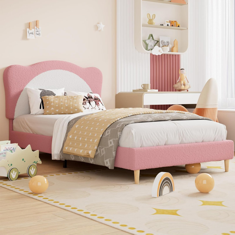 Full Size Bed Frame for Kids - Cute Velvet Princess Platform Bed with Upholstered Headboard for Girls/Boys, Solid Wood Slats Support, No Box Spring Needed, Pink + White