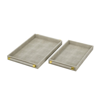 S / 2 plateaux décoratifs en similicuir gris avec poignées dorées L: 19,5 x 12 x 1,5 po S: 17 x 10 x 1,5 po