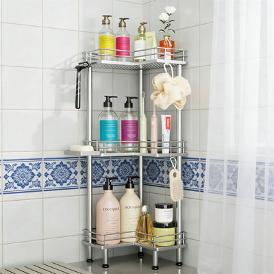 3-Tier Standing Corner Shower Caddy With Soap Holder & 4 Hooks, Stainless Steel, Silver