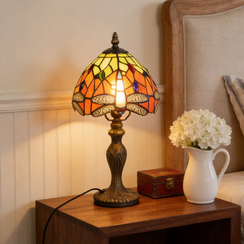 15" Vintage Tiffany Style Dragonfly Stained Glass Table Lamp (Bulb Included)