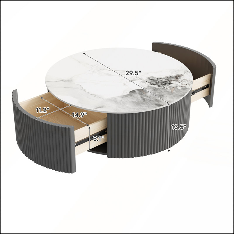 Table basse ronde moderne sur roulettes, 2 tiroirs, plateau en pierre frittée résistante et élégant motif marbre, grise
