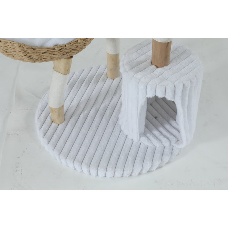 45" Solid Wood Tall Cat Tree Tower With Removable Washable Cushions Scratching Posts And Dangling Toy. Wood Climbing Tree For Indoor Multi-Cats