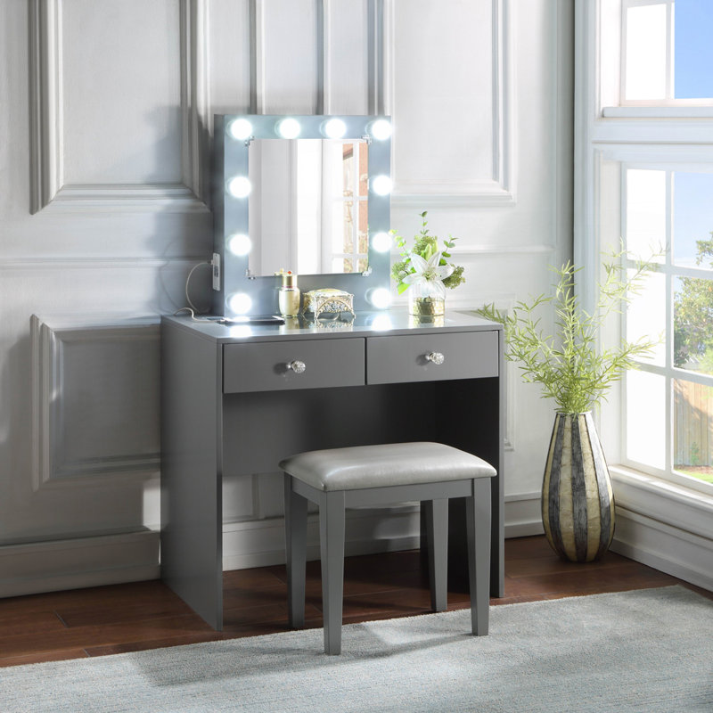 Makeup Vanity and Stool Set, Gray