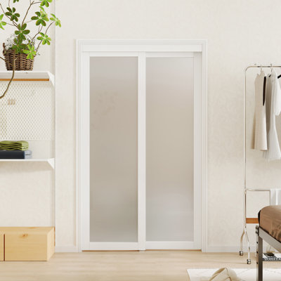 Sliding Closet Door, Full Lite Frosted Glass Sliding Door With Hardware Track Kit & Floor Guide, Pre-Drilled Door Panel Need To Assemble, MDF, White